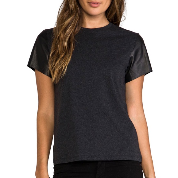 Vince Lamb Leather Short Sleeve Dark Gray Tee Size L - Picture 1 of 9